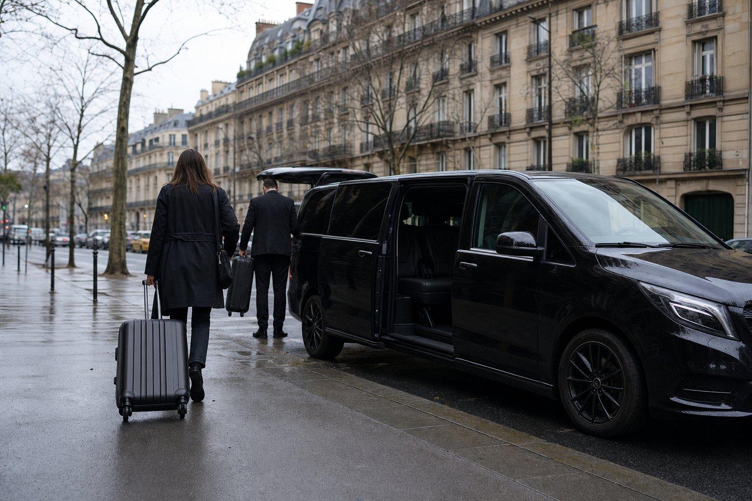 Voyageuse de dos avec sa valise rejoignant un van Mercedes Classe V noir porte latérale ouverte dans une rue parisienne, au départ d’un transfert Gare Montparnasse vers l’aéroport Roissy CDG.